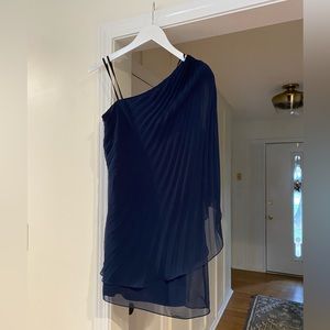 XScape Asymmetrical Pleated Navy Cocktail Dress